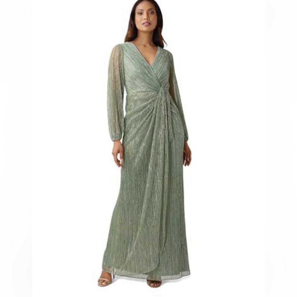 Adrianna Papell Metallic Mesh Draped Long Sleeve Surplice Detailed Size 12 NWT